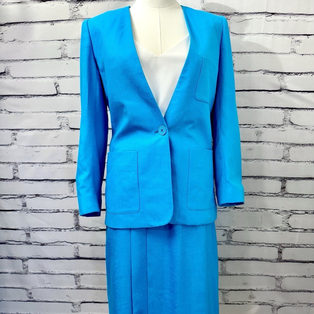 Vintage Evan Picone Pleated Skirt Suit Set Teal 4P Blazer 6 Skirt USA ILGWU